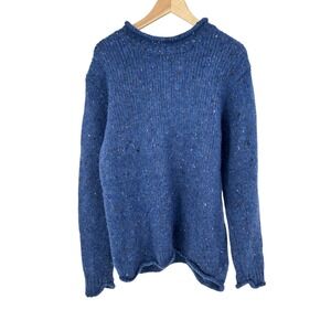 Aran Roll Neck Sweater Irish Wool Pullover Fisherman Mens M Blue